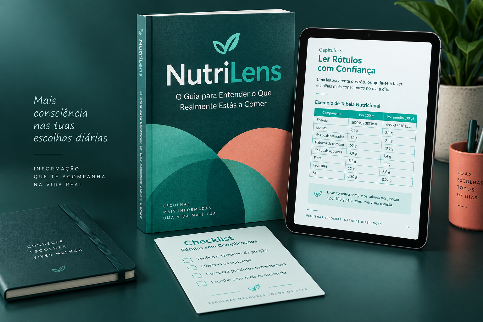 Ebook NutriLens apresentado num livro e num tablet